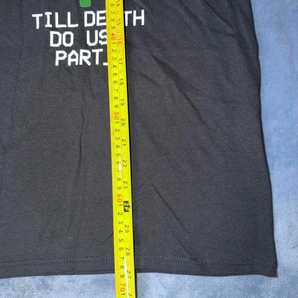 Tillys black graphic tee with pixelated rose and 'TILL DEATH DO US PART'